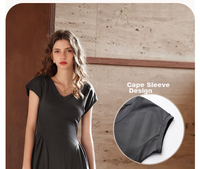 Olrain French-Style Elegant V-Neck Dark Gray Dress for Women, Summer Waist-Cinching A-Line Hem Audrey Hepburn Style, Dark Gray, Size L 11