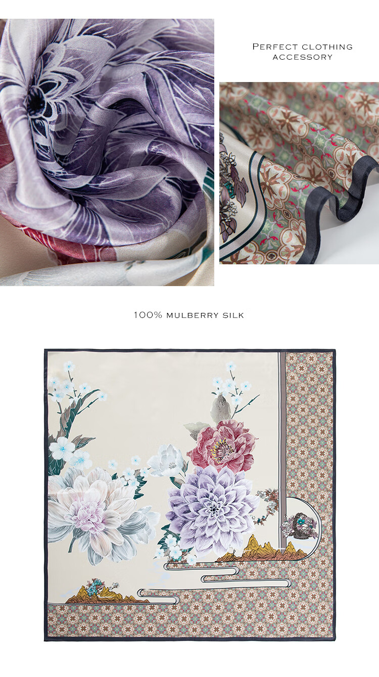 Sijie [Boutique Exclusive] Heavyweight Pure Silk Scarf, 100% Mulberry Silk Large Square Scarf with Print Shawl, Mid-Autumn Festival Gift 9