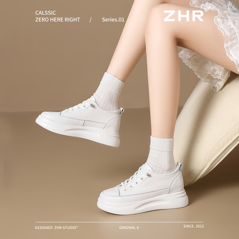 ZHR Top-Grain Leather White Sneakers for Women, Thick-Soled Height-Increasing Casual Shoes, Lightweight Versatile Women's Shoes, KS59F, White, Size 36