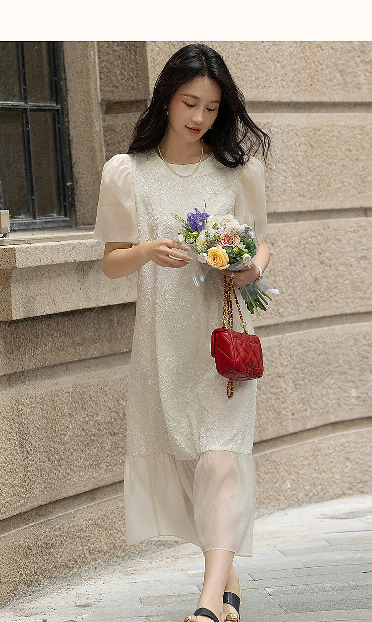 Dme [Open Lady's Daily Wear] Summer Round Neck Elegant Jacquard Patchwork Puff Sleeve Straight Bodycon Dress 17