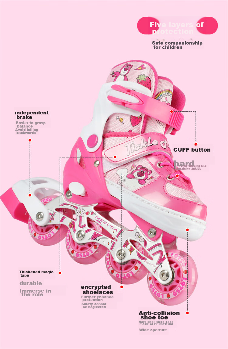 Disney Strawberry Bear Children's Roller Skates, Full Flash Inline Skates, Adjustable Ice Skates for Girls, Beginner Skating Shoes 12