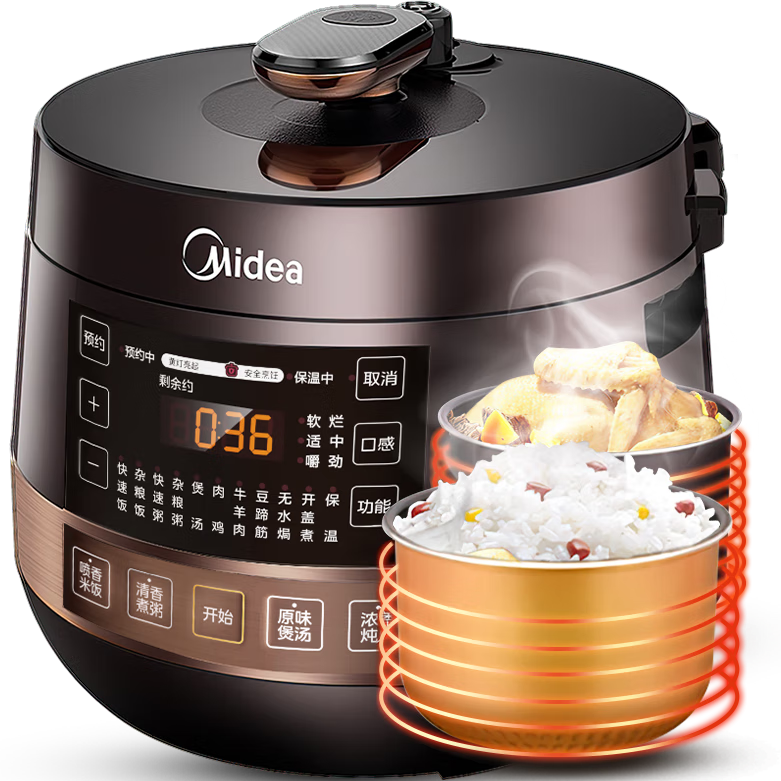 Midea Fully Automatic Smart Reservation Electric Pressure Cooker, 6L Large Capacity, Dual Inner Pot for Soup And Rice Cooking, 60Easy203 Multifunctional High Pressure Cooker for 6-10 People