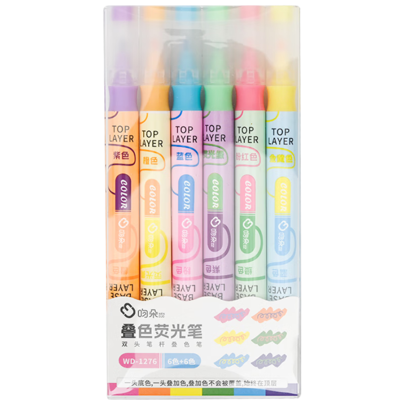 WenDuo 12-Color Highlighters, Dual-Tip Markers, Colorful Pens for Emphasizing Key Points, Essential Stationery for Primary And Middle School Students, Back-To Supplies, Layered Colors, 6-Pack WD-1276