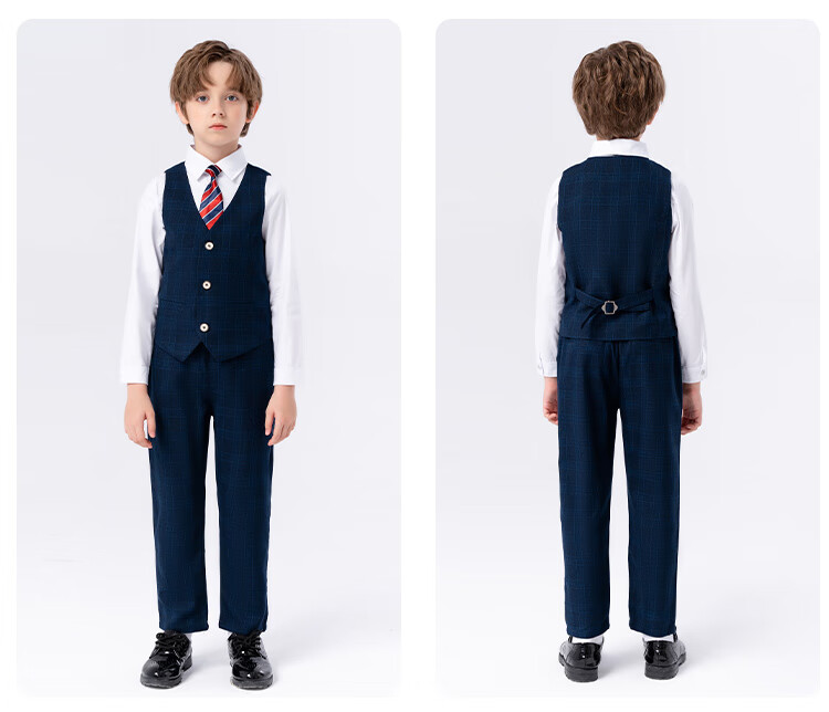 LUOBOBEIBEI Boys' Suit Spring Formal Wear Set, Children's Stylish Small Suit, Piano Greeting Outfit, Blue Plaid Five-Piece Set, Size 120 7