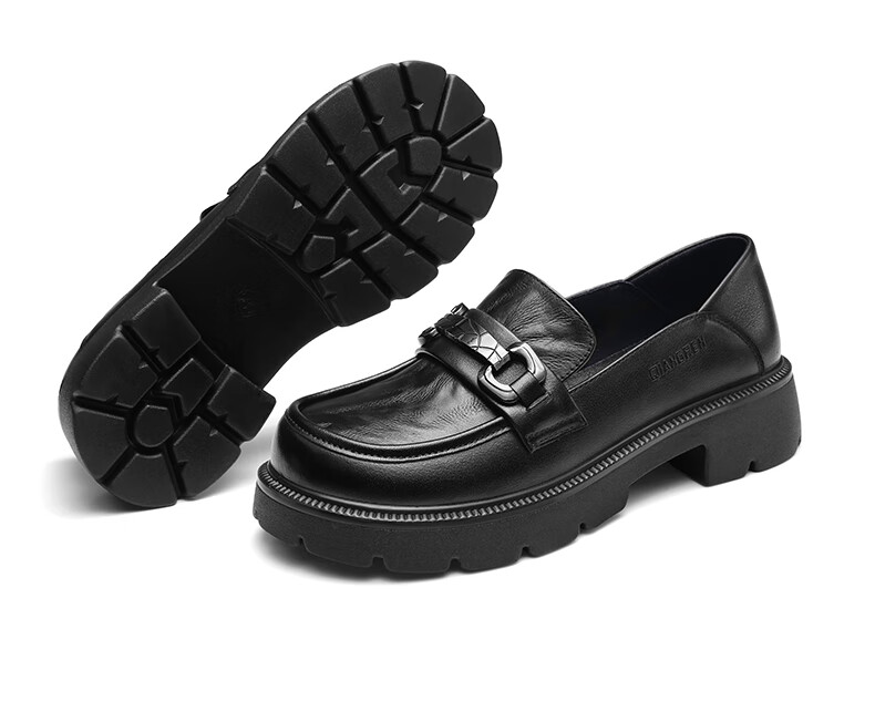 Qiangren Fashion Platform Women's Loafers, Top-Grain Leather Breathable Women's Flats, JDA73273, Black, Size 35 13