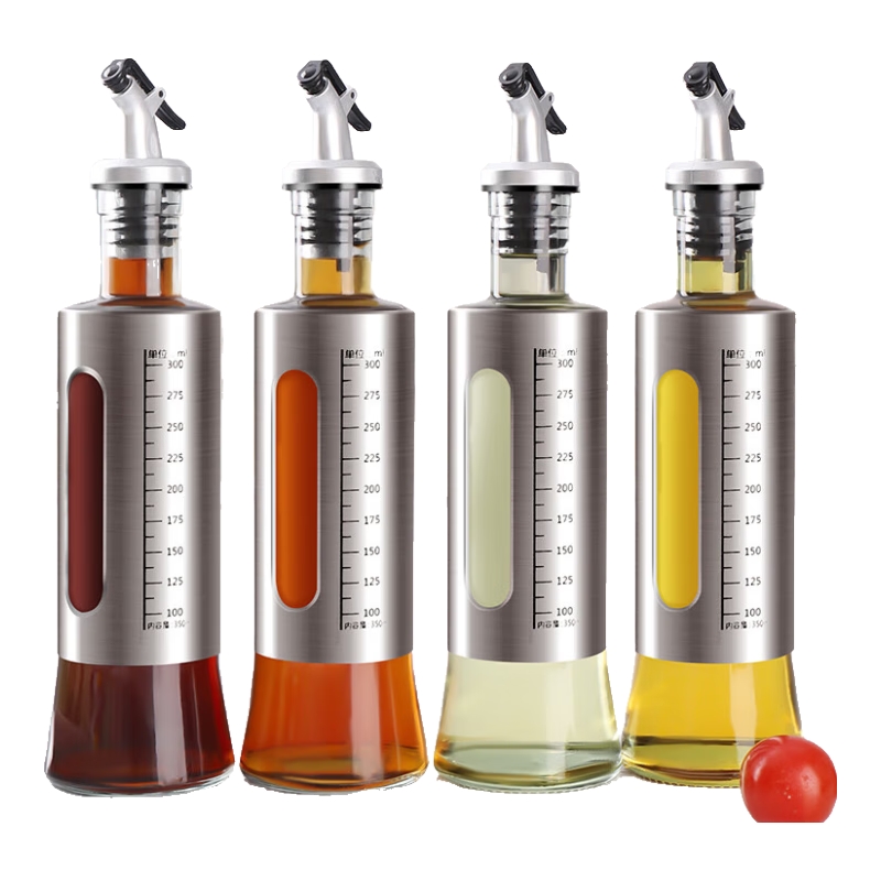 BJ Glass Oil Bottle, Stainless Steel Soy Sauce Bottle, Vinegar Jug, Oil Pourer with Anti-Drip Spout, Condiment Bottle, 300ml*4
