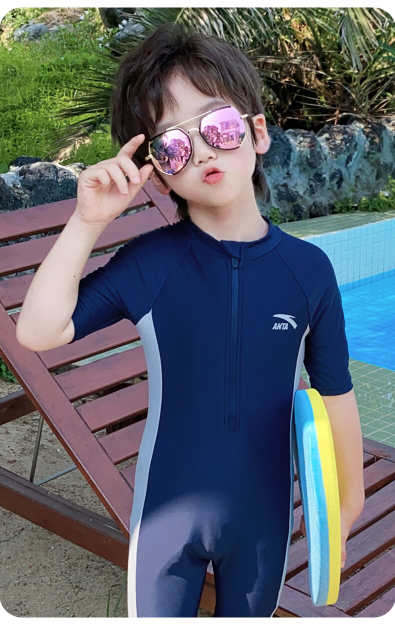 ANTA Boys' Swimwear 2024 New Kids' One-Piece Quick-Dry Youth Professional Training Swimsuit Blue White 150 7