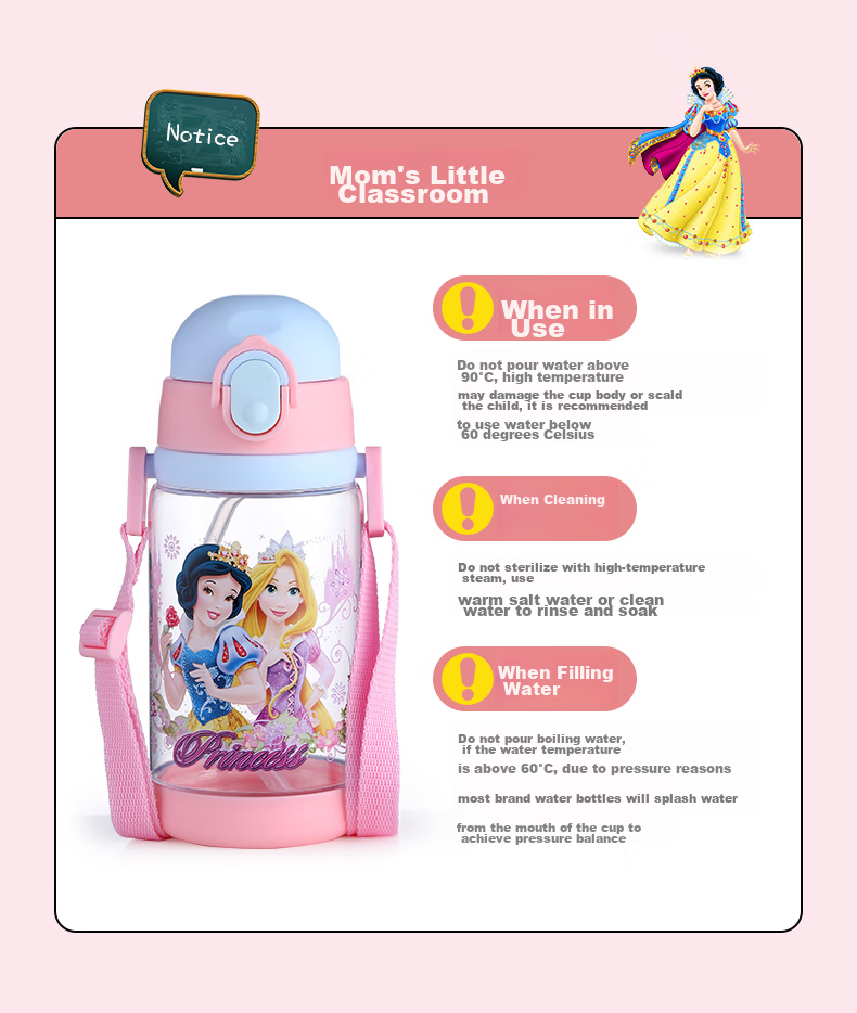 Disney Kids Water Bottle with Straw Large Capacity High Temperature Resistant Plastic Water Bottle Double Lid Drinking Cup for Boys and Girls Elementary Students 16
