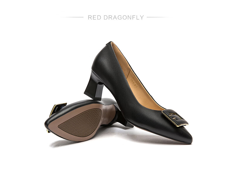 RED DRAGONFLY Chunky Heel Women's Pumps, Spring Cowhide Pointed Toe High Heels, Professional Leather Shoes WLB15315 Beige 39 3