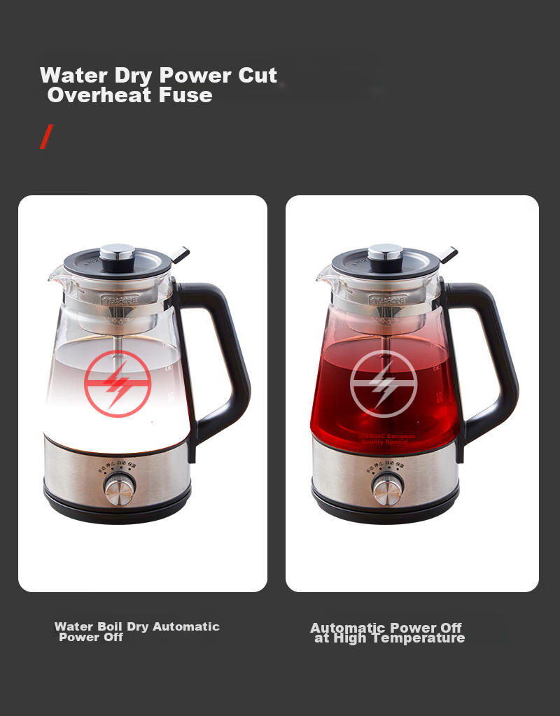 OUMETE European and American Style Microcomputer Tea Cooker Steam Spray Side Handle Kettle Dual-use Boiling and Steaming High Borosilicate Glass Tea Steamer OMT-PC0502A 12