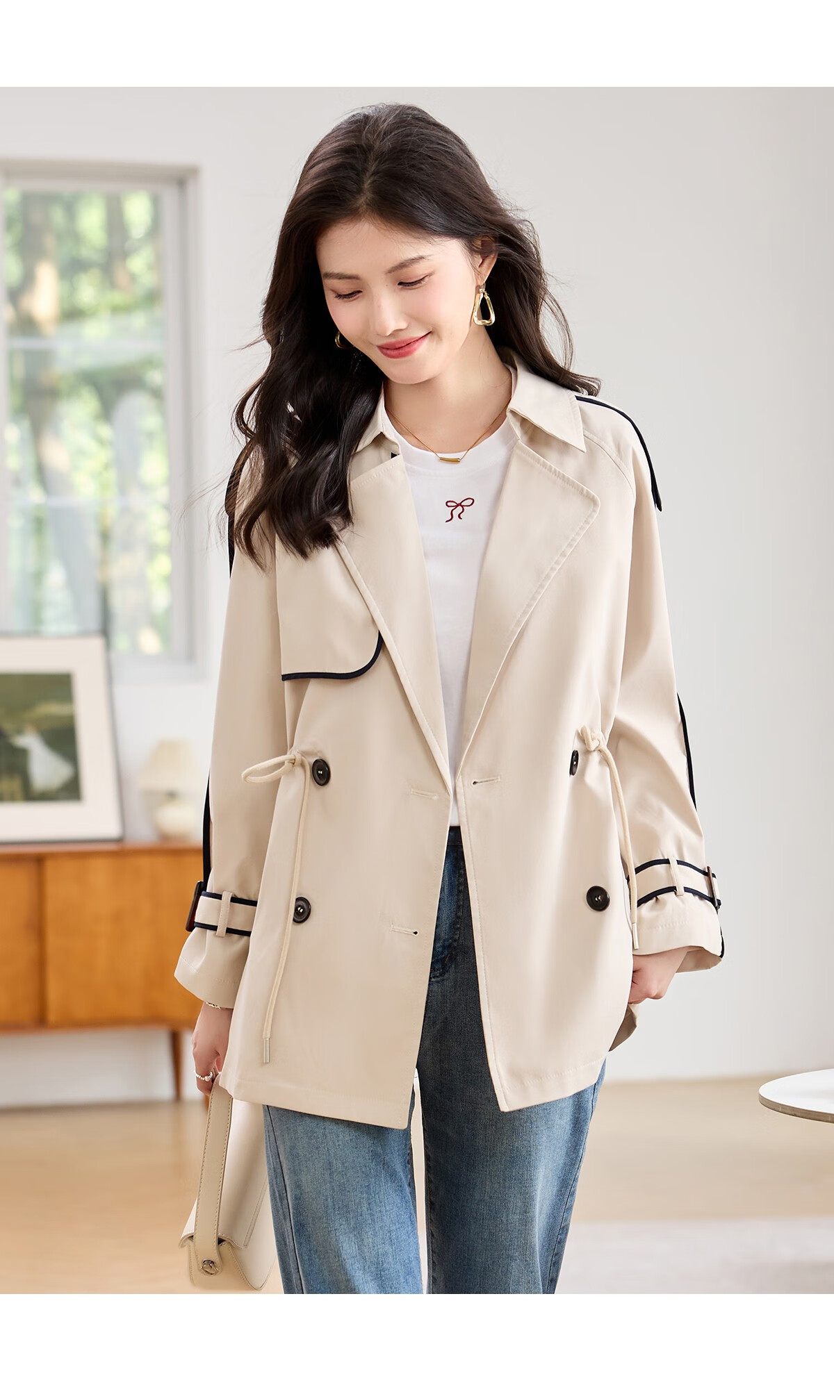 Taxiang Drawstring Waist Trench Coat for Women, Spring And Autumn Casual Commuter Short Jacket, High-End Outer Cardigan T51D033 12