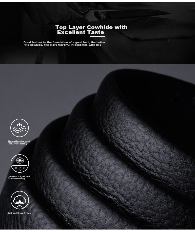 Pierre Cardin [Top-Grain Leather] Men's Belt, Automatic Buckle, No Buckle Head, Black (Width 3.5cm, Length 115cm) 2