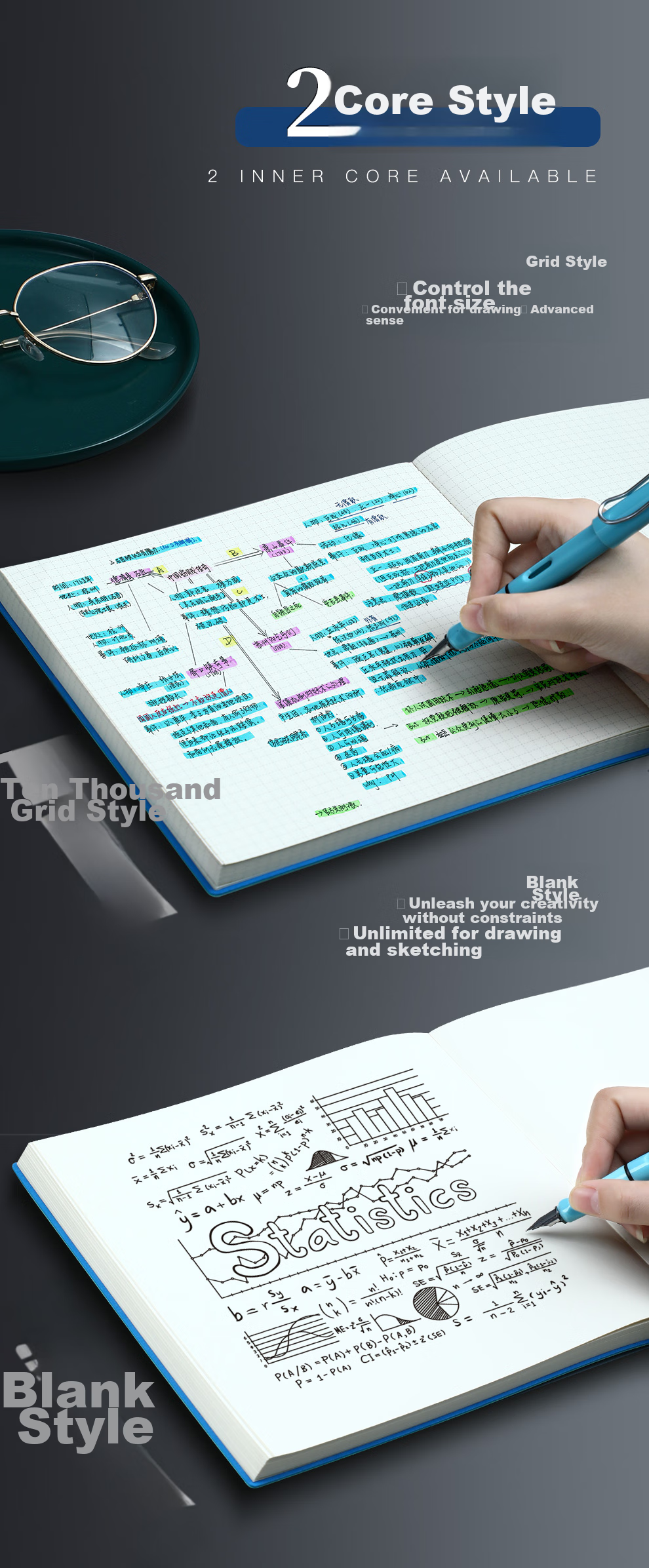Jiaranheng Creative Square Notebook, Stylish Design for College Students, Exam Preparation, Soft Cover Journal, Mind Mapping Notebook, Customizable, Horizontal Lines/Lake Blue Color 2