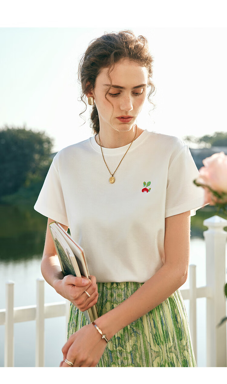 Olrain French Style Short Sleeve T-Shirt Summer Women's Loose Embroidered Lightweight Top Beige S 6