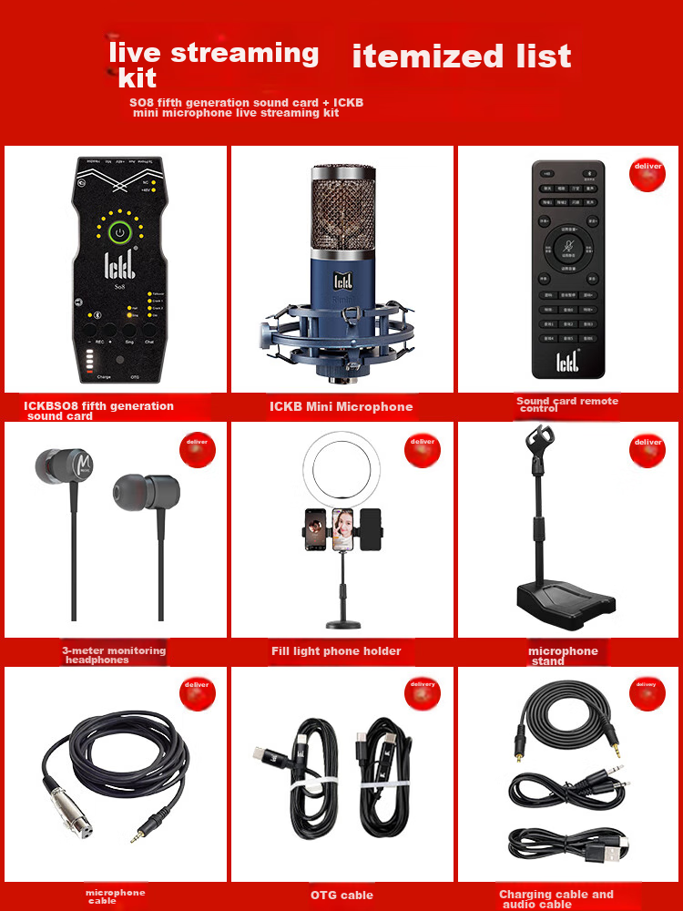 Ickb So8 Sixth Generation Sound Card P1 Karaoke Microphone Set for Mobile Phones And Computers, Universal for Streamers, Singing, Karaoke, Recording, Live Streaming Equipment Complete Set with Microphone Amplifier 1