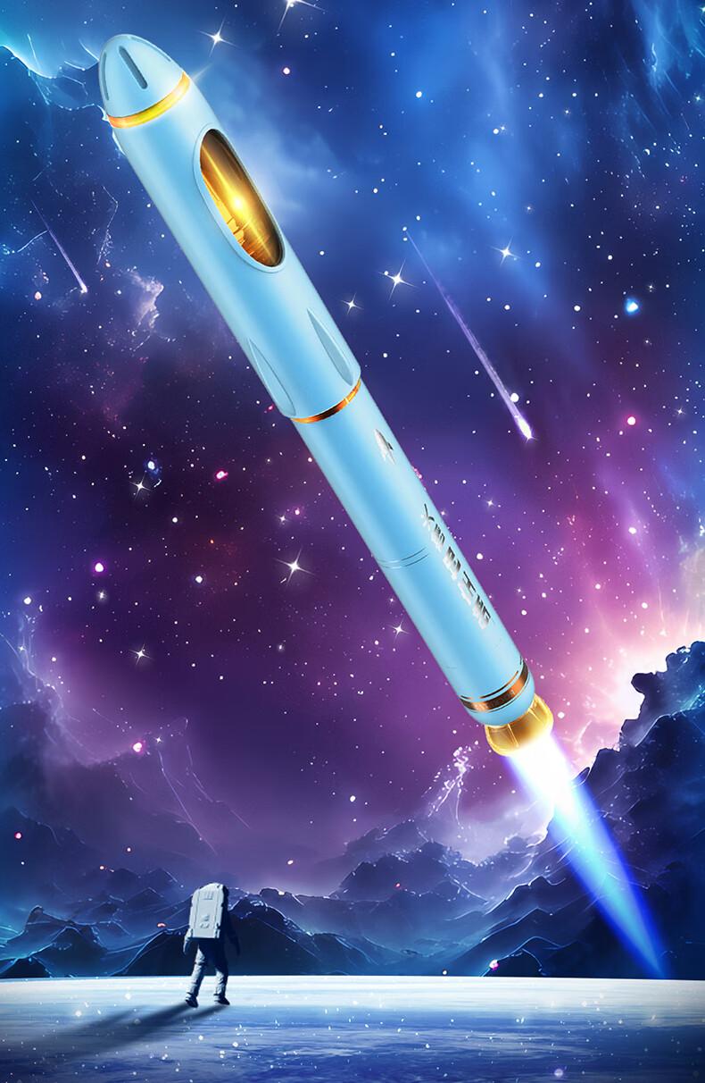 Dianshi Rocket Space Capsule Fountain Pen, Non-Splash F Nib, Third Grade Student Handwriting Practice Calligraphy Fountain Pen, Non-Heat Erasable, Back-To Season, Replaceable Ink Cartridge 7157 (Black Barrel), Magic Liquid Erasable Blue 2