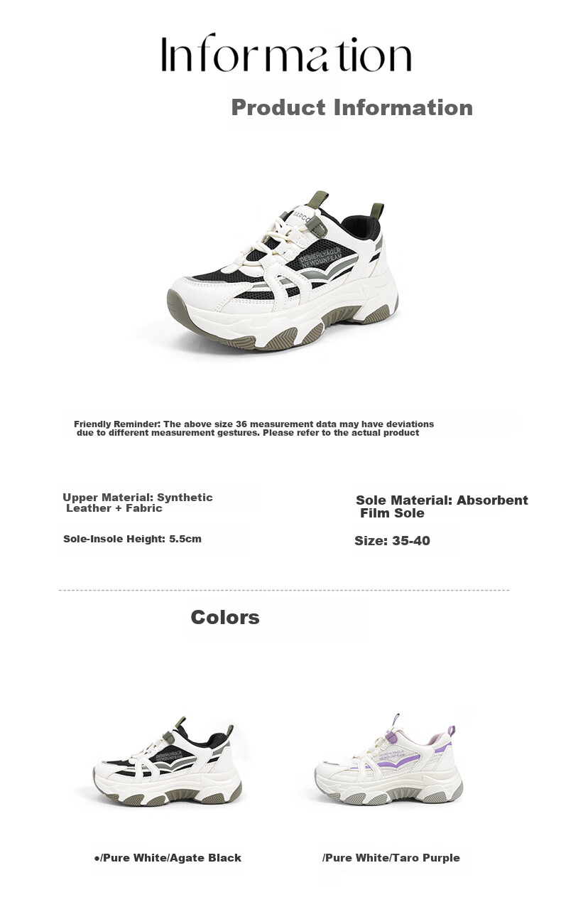 Yierkang Women's Chunky Sneakers, Casual Sports Shoes, Lightweight Mesh Upper, Thick Sole, Versatile Trendy Footwear, White/matrix Black, Size 39 3
