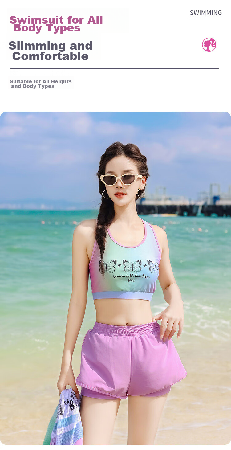 Barbie [Three-Piece Set] Women's Two-Piece Swimsuit, Tummy Control Slimming Boyshort Swimwear for Beach Vacation And Hot Springs 3