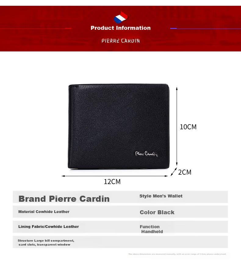 Pierre Cardin Men's Wallet, Top-Grain Leather, Short Style, Genuine Leather, High-End Purse, Gift Box, Suitable for Gifting, Black 15