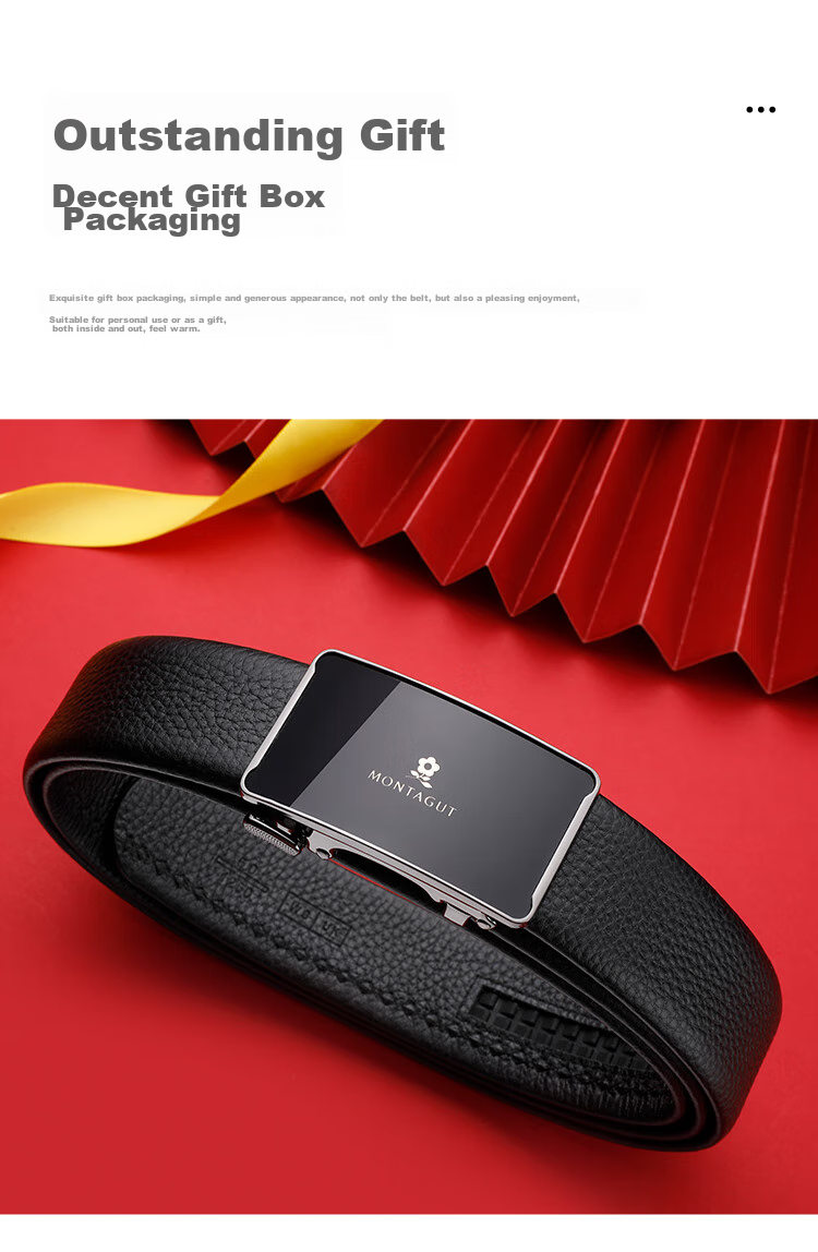 MONTAGUT Men's Leather Belt, Genuine Top-Grain Cowhide, Automatic Buckle, Waist Belt for Men, Gift Box, Father's Day Present for Boyfriend 2