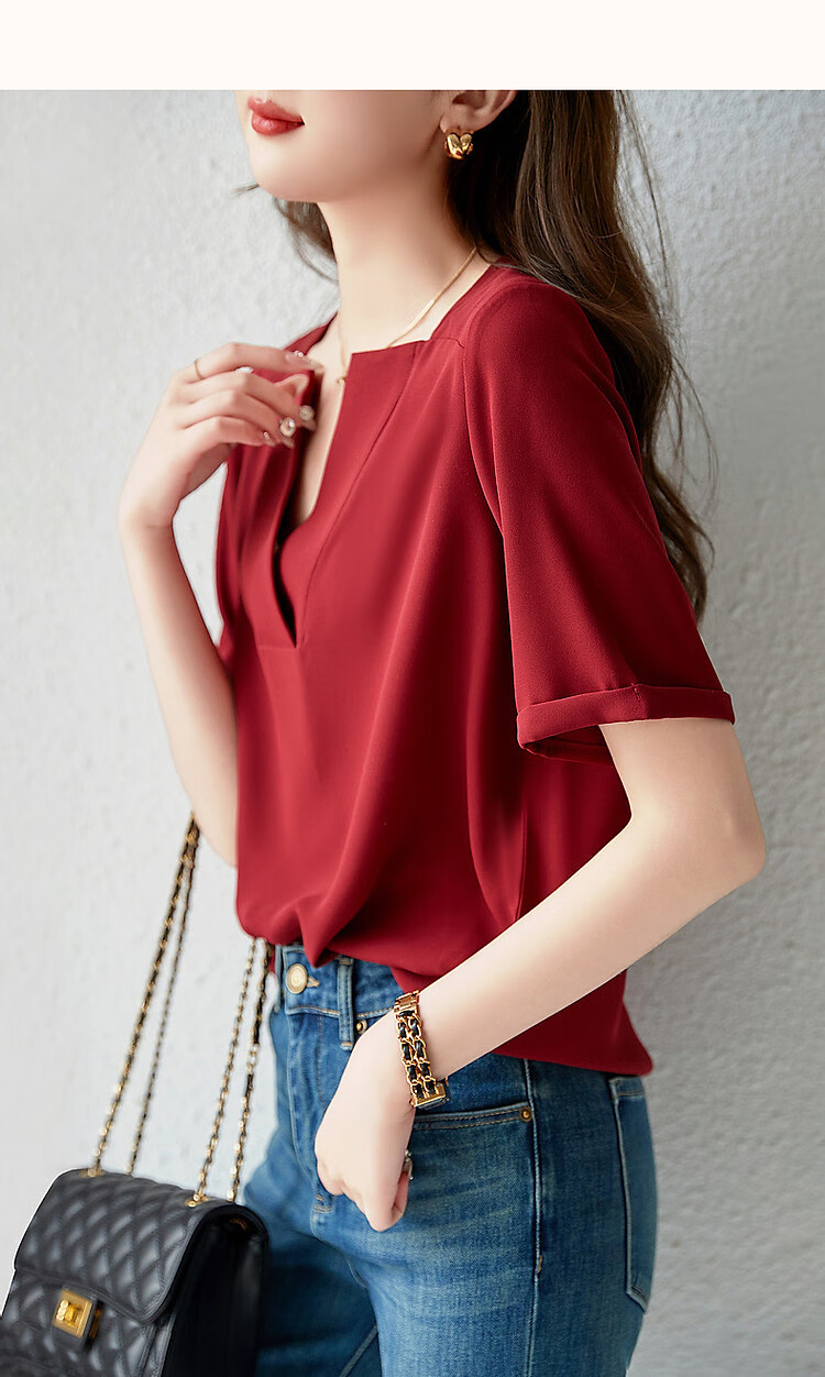 Dme [Work Outfit] Summer New French Elegant V-Neck Shirt, Skin-Friendly Cool Smooth Slimming Blouse, Women's Top 17
