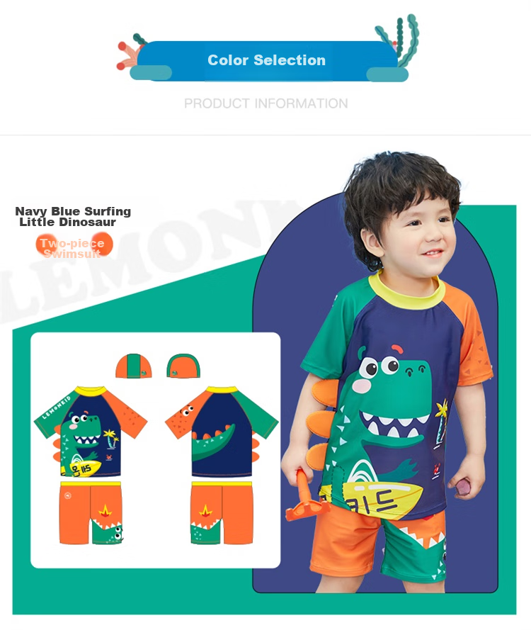 Lemonkid Children's Two-Piece Swimsuit Set for Boys And Girls, Baby Swimwear with Trunks, Sea Blue Funny Shark Design, Size 130 5