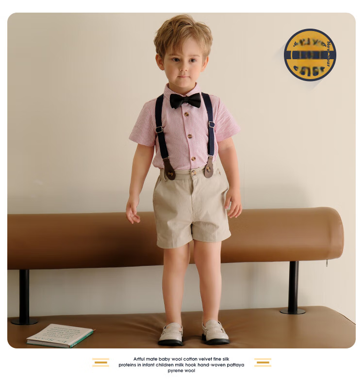 LUOBOBEIBEI Boys' Formal Wear Spring And Summer British Striped Suspender Shorts Shirt Set, Green Long-Sleeve Four-Piece Set, Size 130 12