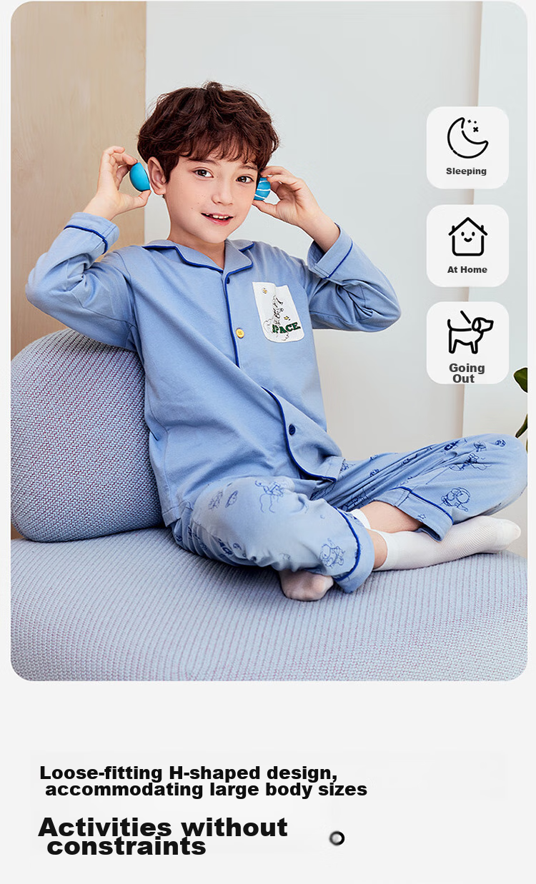 Dingguagua Children's Pajama Set, Spring And Summer Long-Sleeve Pure Cotton Boys' Loungewear, Class A Breathable, Blue, Size 140 7
