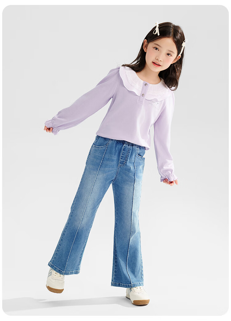 QQ DUCK Children's Clothing Long Sleeve Girls' Polo Shirt Top Youth Clothing Mesh Doll Purple; 120 9