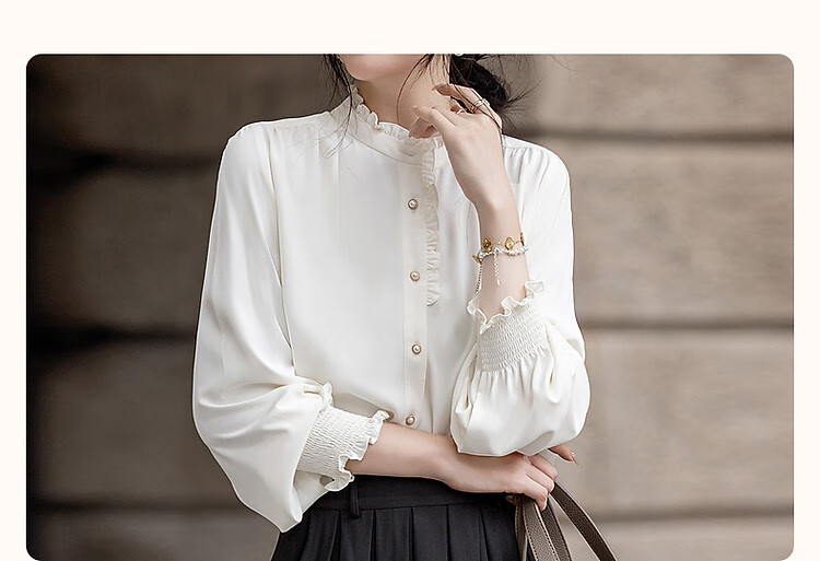 Dme [Ruched Shiny Blouse] Spring And Autumn French Style Women's Elegant Ruffle Stand Collar Pleated Blouse Women's Top 5