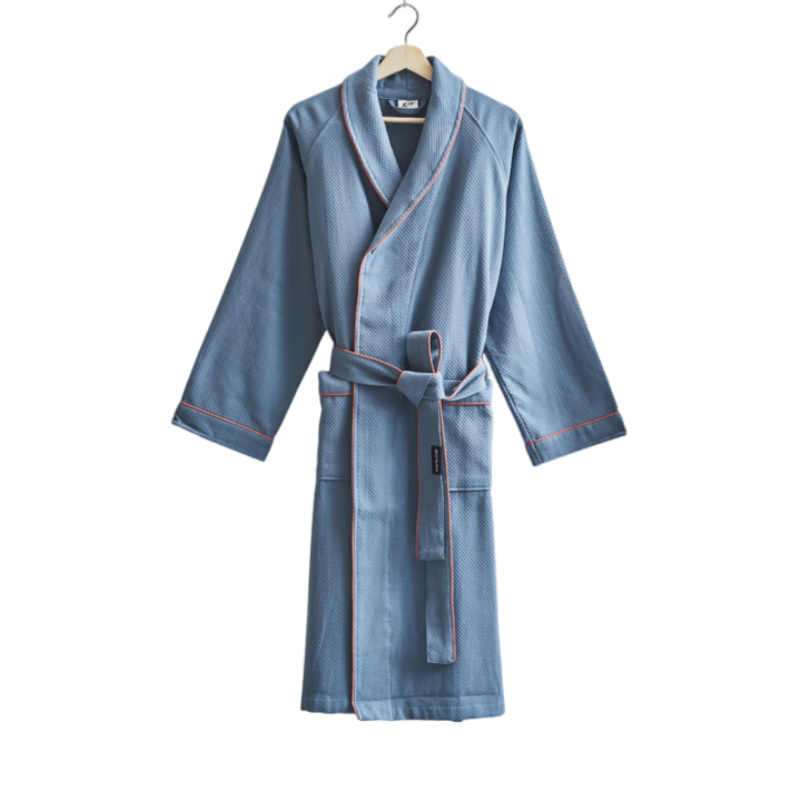 Sanli Honeycomb Pattern Home Bathrobe Towel, Pure Cotton Absorbent Quick-Drying Adult Thin Bathrobe for Men And Women, Autumn And Winter Long Bath Towel, Blue, Size M
