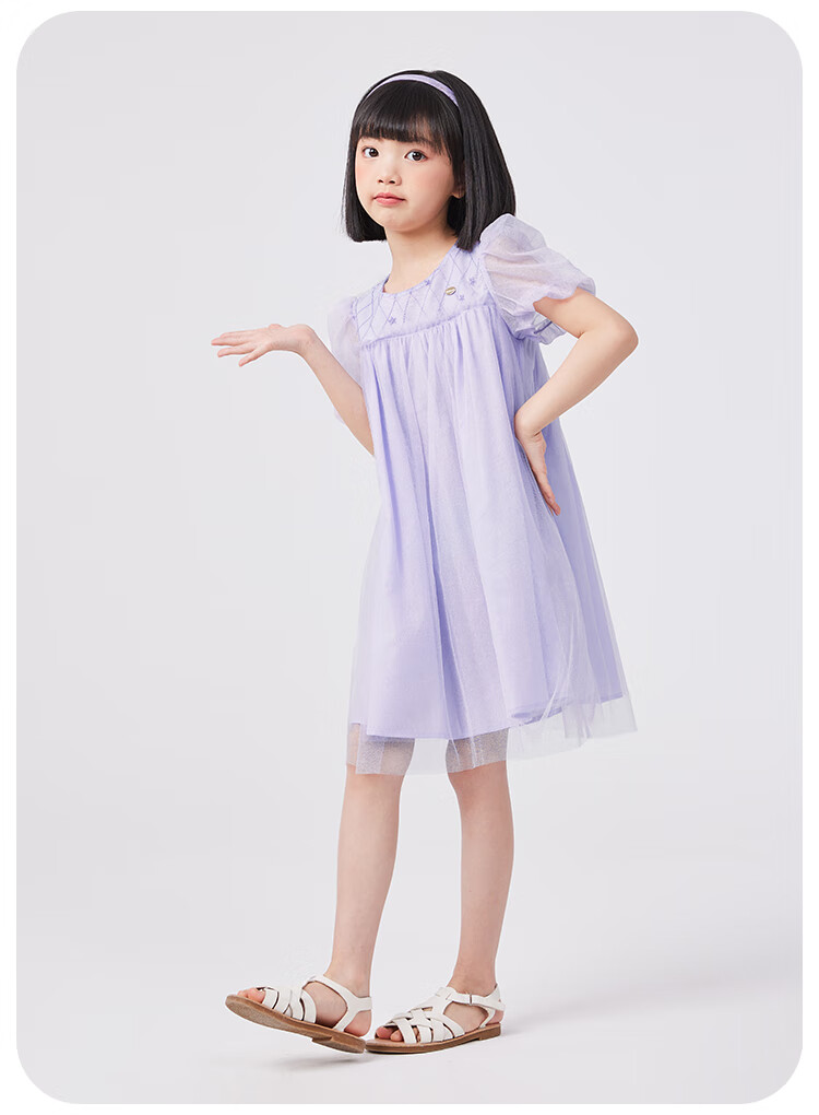 QQ DUCK Girls' Dress, Children's Summer Puff Sleeve Princess Tulle Skirt, Sweet Performance Gown for Teenagers, Purple 10