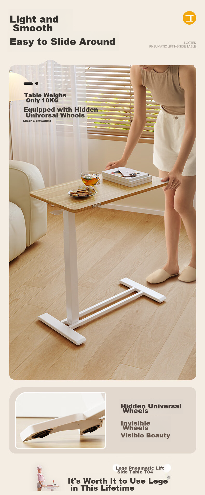 Loctek Bedside Table, Adjustable Height, Laptop Desk for Bed, Movable, Suitable for Home Use, Coffee Table with Flip-Top Design, T06 Elegant White 7