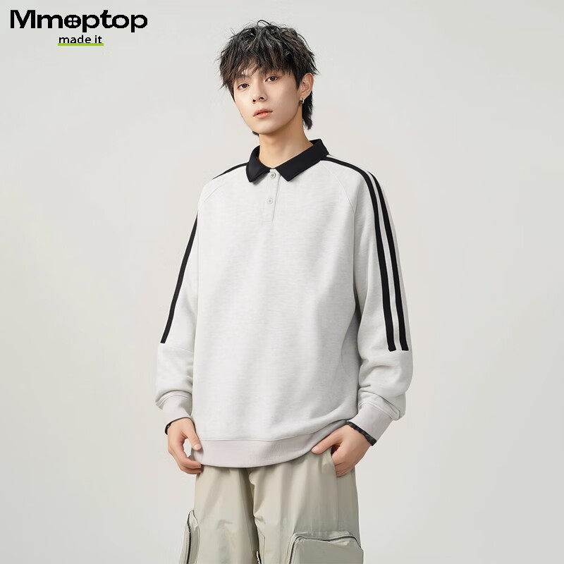 MMOPTOP American-Style Polo Sweatshirt for Men, Loose-Fitting Base Layer Pullover Top for Spring And Autumn, 8900 White And Gray, 3XL