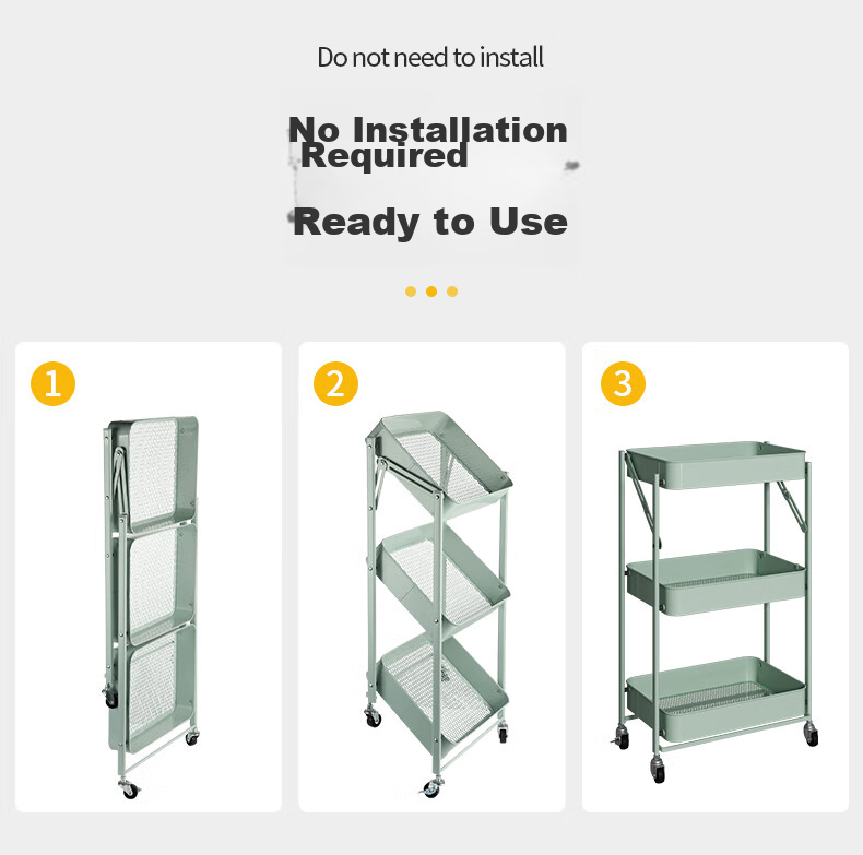COOKER KING Three-Tier Storage Rack, Foldable Organizer Cart without Installation, Multifunctional Shelf Unit, Floor-Standing Storage Rack, Light Gree 1