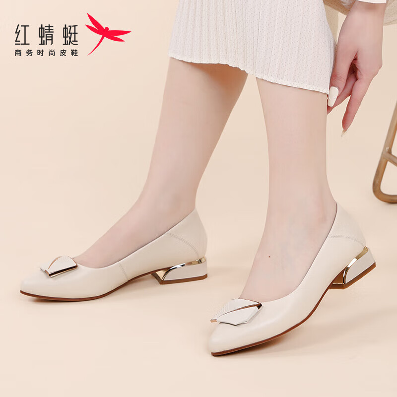 Red Dragonfly Women's Chunky Heel Pointed Toe Shallow Mouth Professional Work Leather Mid Heel Pumps WFB233882