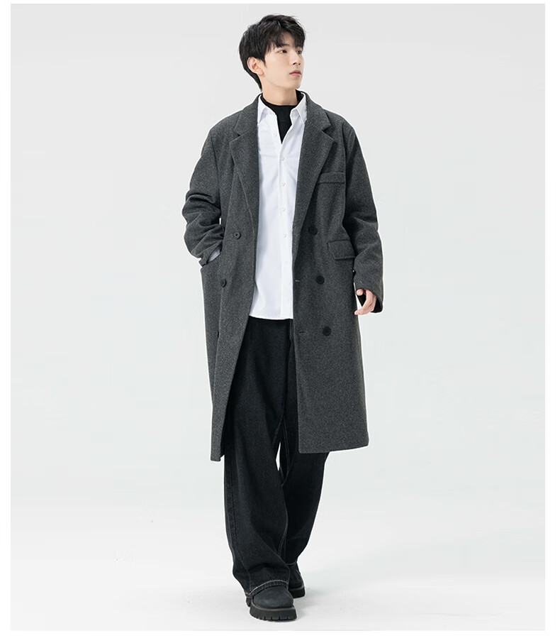 Dingfengbaoluo Men's Woolen Coat Autumn Winter Mid-Length High-End British Style Woolen Trench Coat HT99 Gray 5XL 3