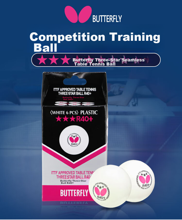 BUTTERFLY Three-Star Table Tennis Balls [6-Pack], Professional Competition Balls R40+, White with Seam 1