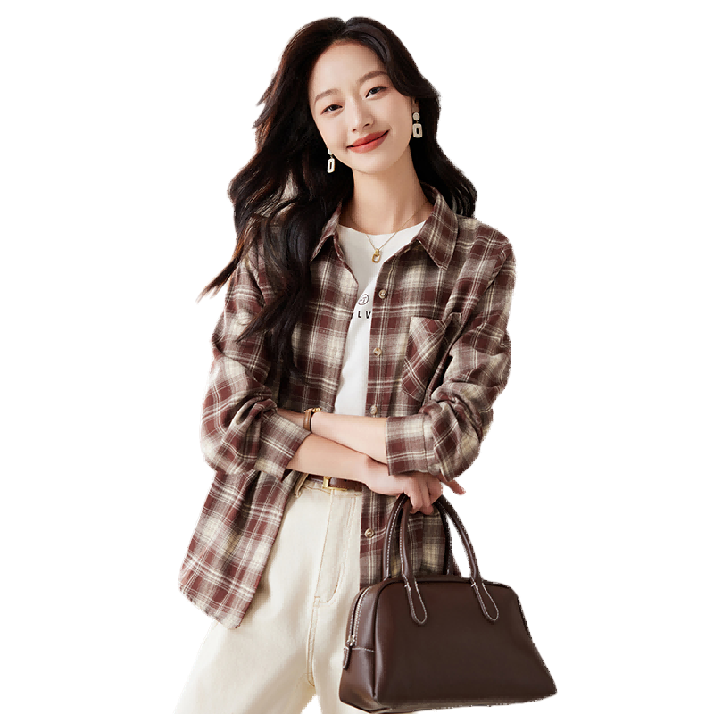PinCai Women's Plaid Long Sleeve Shirt Spring Autumn Stylish Loose Vintage Versatile Blouse P143C2009