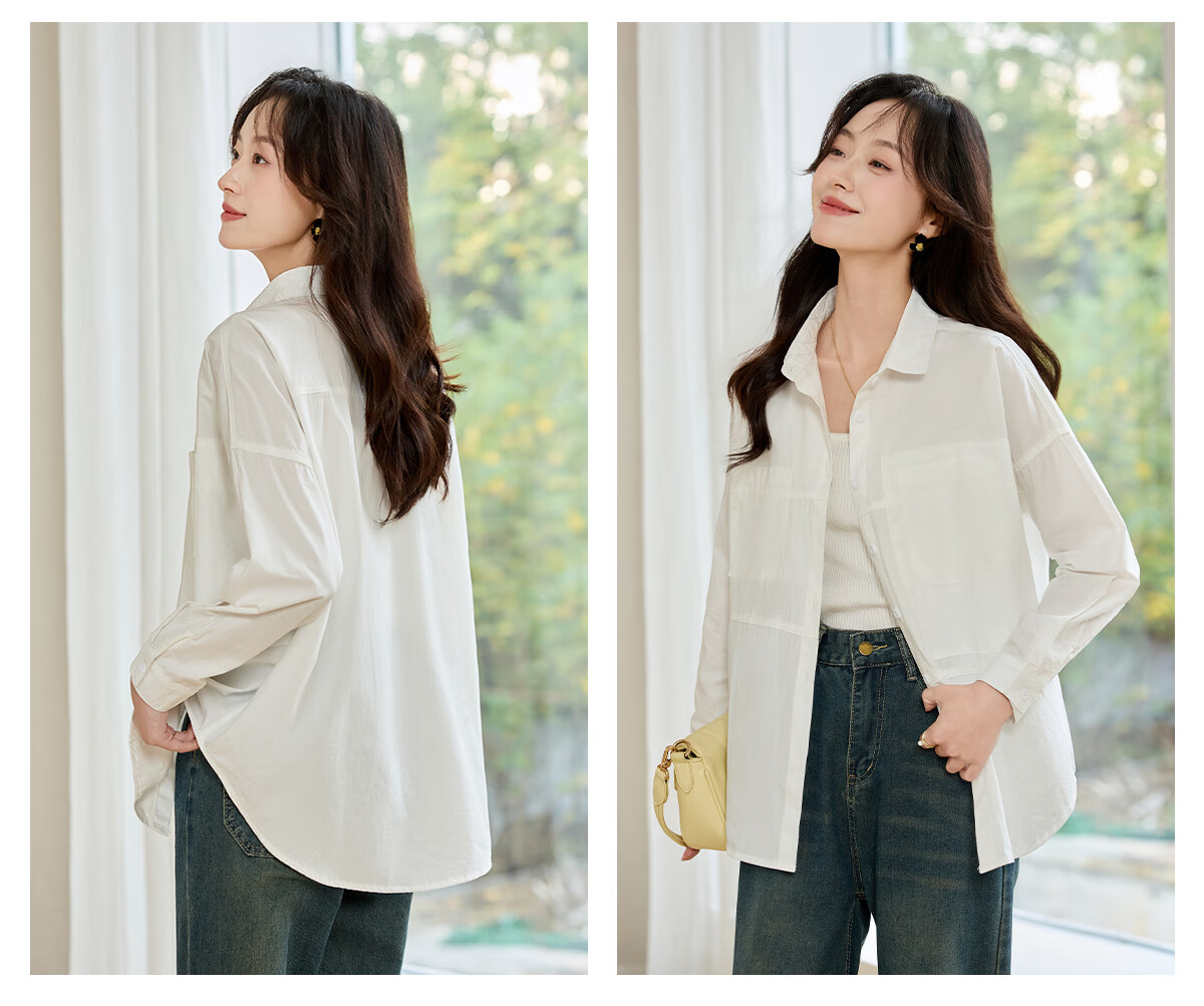 Halo Queen Long-Sleeve Shirt for Women, Loose-Fitting Casual Style, Mid-Length Student Top Outerwear, White Casual Blouse H52S052 19