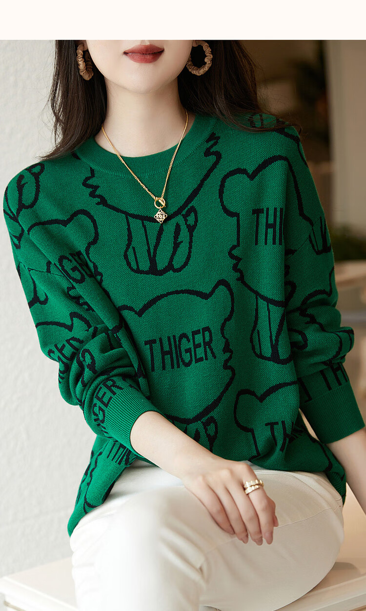 Dme [Containing Wool Letter Knit Sweater], Spring And Autumn Round Neck Drop-Shoulder Long-Sleeve Sweater for Women, Knitted Pullover 11