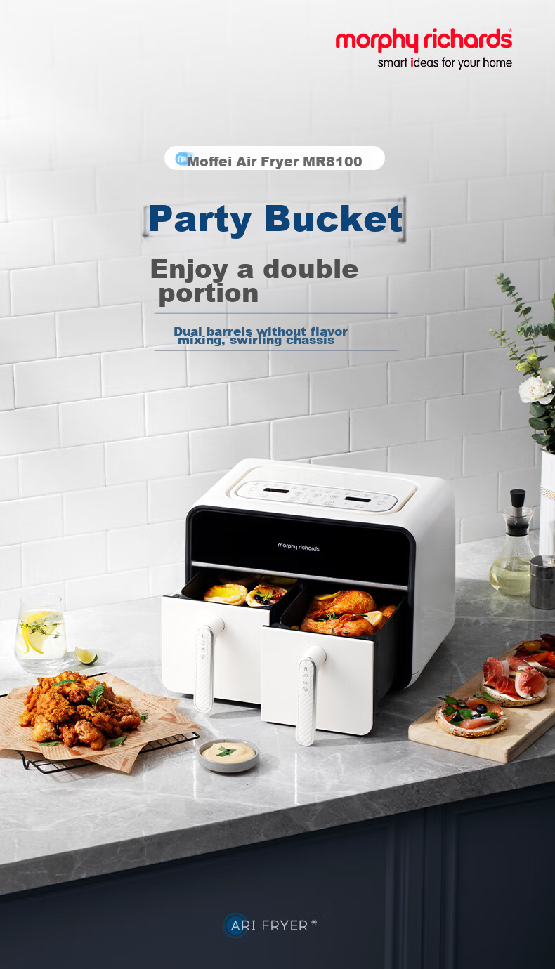 Morphyrichards Air Fryer for Home Use, Dual Compartment 8L Large Capacity, 14 Recipes, 720° Hot Circulation, Double-Bottom Multi-Functional Air Fryer And Oven, MR8100 Gree 2