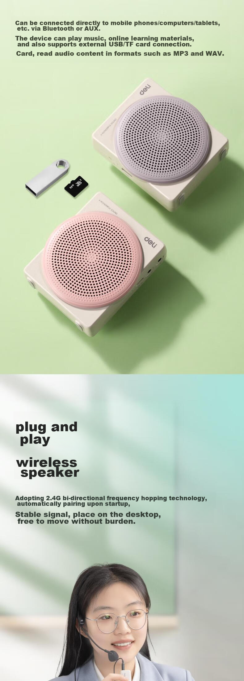 Deli 10W Little Bee Wireless Amplifier Speaker, Loud Volume Small Horn, Waist-Mounted Microphone, Tour Guide Bluetooth Card-Inserting Portable Lectern Megaphone, Teacher-Specific Gadget Pink 7