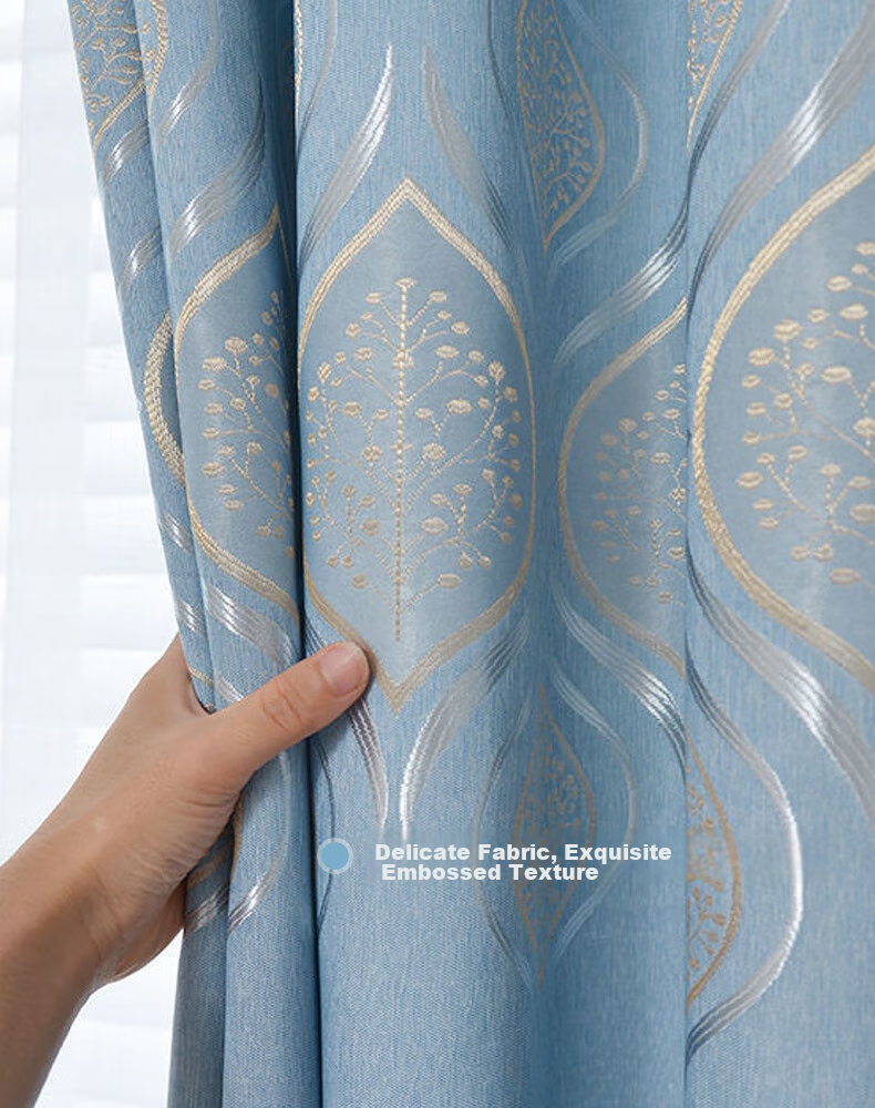Ali Living Room Bedroom Blackout Curtains, Bamboo Cotton Jacquard Blue Hook Style, 2.0m Wide * 2.2m High Single Panel 4