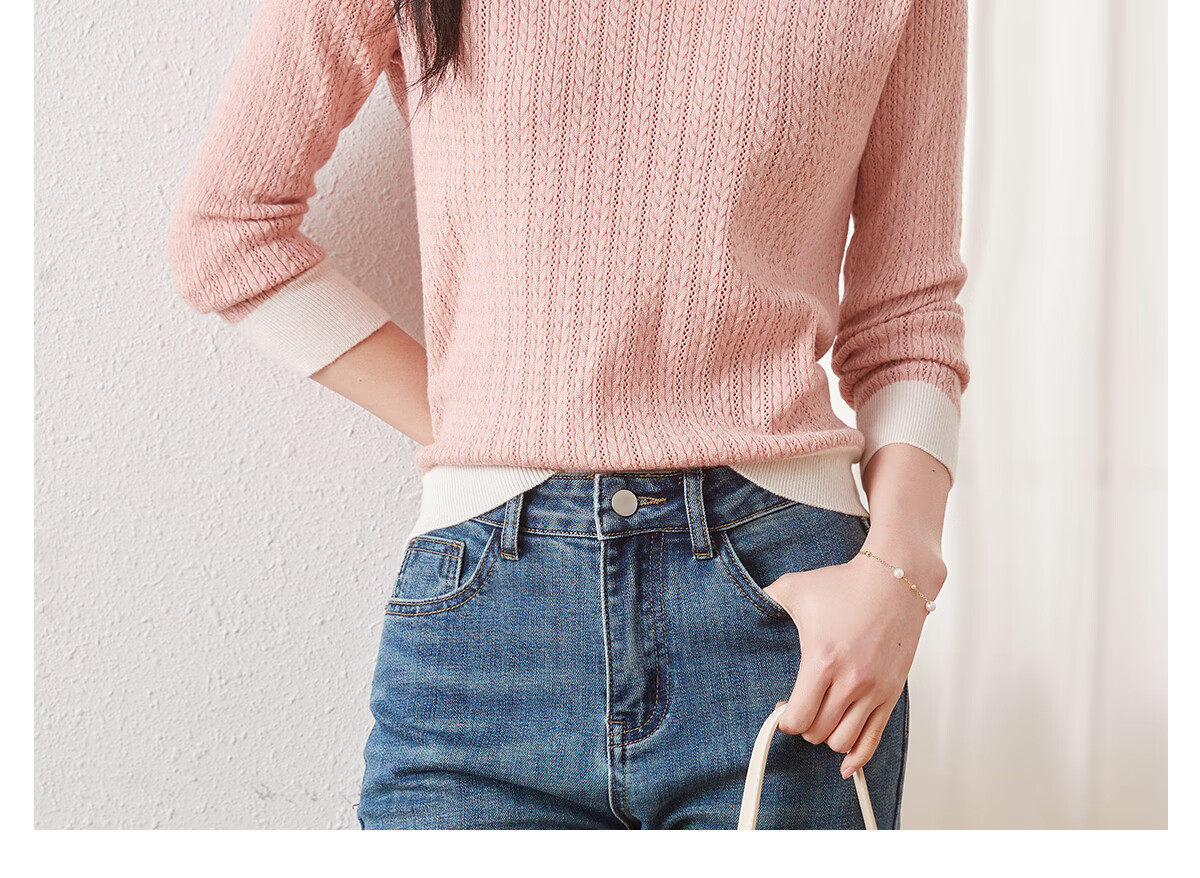 Chushen Spring And Autumn Knitted Sweater for Women, Fashionable Color-Block Round Neck Pullover Versatile Sweater Top S13KZ3554 White 7