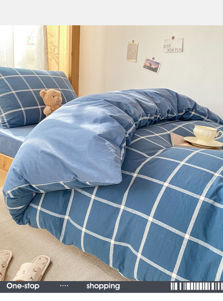 Wuyinliangpin Cotton Student Bedding Set, Dormitory Bed Sheet Duvet Cover Pillowcase Single Bed Three-Piece Set, Blue-Gray Large Check Patter 4