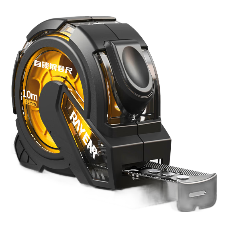 Ruineng Self-Locking Tape Measure, High Precision, Black Gold Rubber-Coated, Transparent Case, Wear-Resistant, Drop-Resistant Steel Tape Measure, Meter Ruler, Box Ruler, 10X25mm