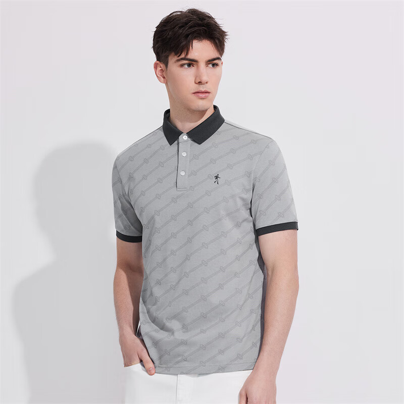 DANCING WOLVES [Mulberry Silk + Modal] Summer Printed Commuter Men's Short-Sleeve POLO Shirt, 005 Light Gray, Size 190