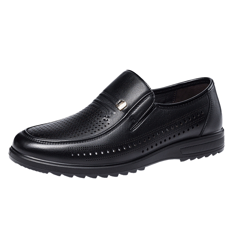 LAORENTOU Leather Shoes for Men, Business Casual Shoes, Top-Grain Cowhide Slip-On, Buckle Decoration, Wear-Resistant Breathable Sandals, Hollow Breathable Shoes, Perforated Shoes, LL13203, Black, Size 40