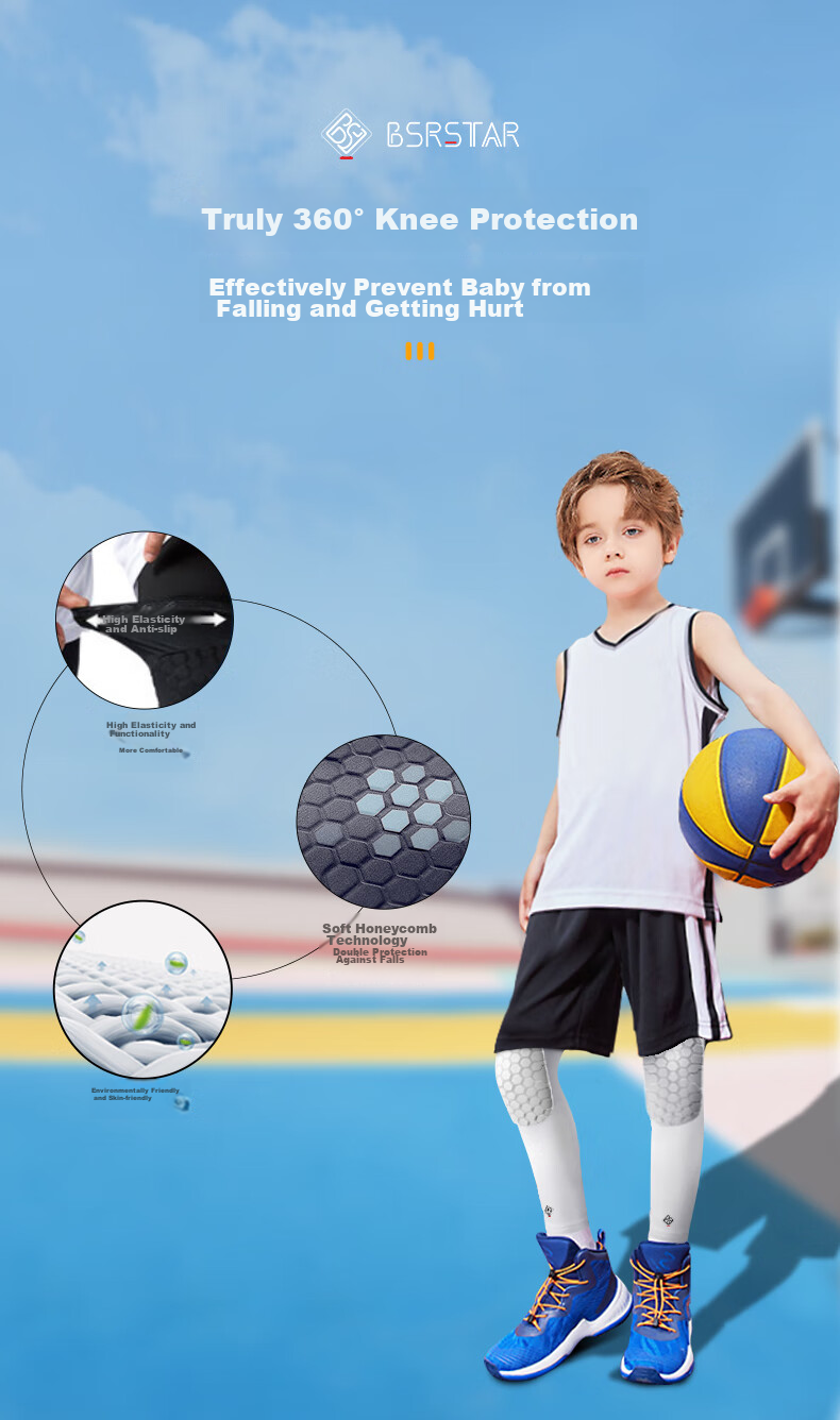 Bestray Children's Knee Pads, Basketball Fall Prevention, Sports-Specific Soccer Elbow Pads, Socks, Honeycomb Professional Impact Protection Gear Set 6